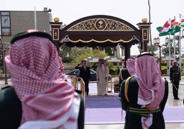 July 9, 2026, Jeddah, Saudi Arabia: Prime Minister Mark Carney, centre left, stands with Crown Prince of Saudi Arabia Mohammed bin Salman during a welcome ceremony at the Royal Palace in Jeddah, Saudi Arabia, Thursday, July 9, 2026. Jeddah Saudi Arabia  - ZUMAc35_ 20260709_zaf_c35_004 Copyright: xAdrianxWyldx