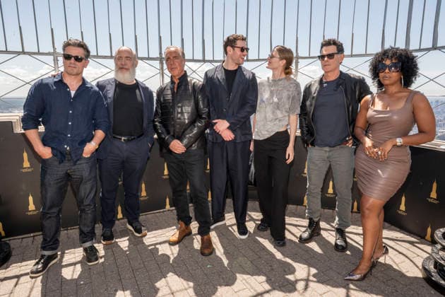 July 8, 2026, New York, New York, USA: Cast members, HAMISH ALLAN HEADLEY, J.K. SIMMONS, TITUS WELLIVER, TOM BRITTNEY, HILLARY MCCORMACK, VINCENT WALSH and JESSICA FRANCES DUKES visit the Empire State Building in New York to celebrate the Premiere of The Westies on MGM. 8 July 2026 New York USA - ZUMAa265 20260708_zep_a265_079 Copyright: xEricxAcquayex