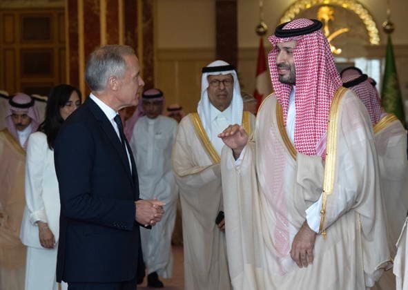 July 9, 2026, Jeddah, Saudi Arabia: Prime Minister Mark Carney, left, speaks with Saudi Arabia s Crown Prince Mohammed bin Salman as he leaves the Royal palace in Jeddah, Saudi Arabia, Thursday, July 9, 2026. Jeddah Saudi Arabia  - ZUMAc35_ 20260709_zaf_c35_011 Copyright: xAdrianxWyldx