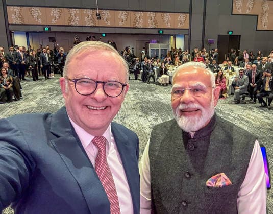 RECORD DATE NOT STATED Australian Prime Minister Anthony Albanese shares a warm selfie with Prime Minister Narendra Modi Melbourne, Jul 09 (ANI): Australian Prime Minister Anthony Albanese shares a warm selfie with Prime Minister Narendra Modi, in Melbourne on Thursday. (@AlboMP X ANI Photo) Melbourne Australia Copyright: xANIx ANI_20260709110