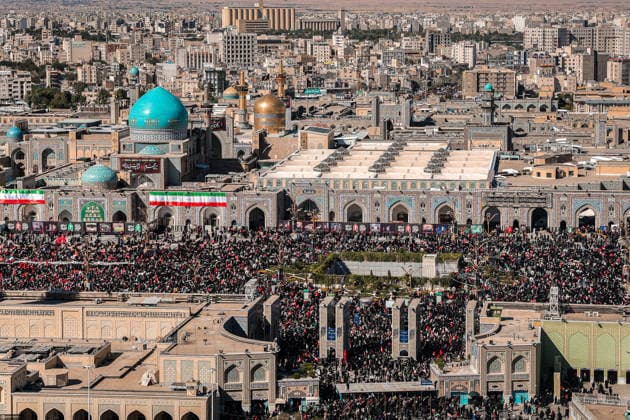 July 9, 2026, Mashhad, Razavi Khorasan, Iran: An aerial view shows crowds of mourners attending a funeral procession for Iran s slain supreme leader Ali Khamenei and members of his family, before he is buried at the Shrine of Imam Reza, Iran s most revered place of worship, in Mashhad on July 9, 2026. Braving sweltering heat and calling for revenge, Iranians loyal to the Islamic Republic massed on July 9 for the burial of slain supreme leader Ali Khamenei in his hometown of Mashhad. Khamenei will be buried in his hometown of Mashhad, home to the shrine of Imam Reza, Iran s holiest Shia Muslim site, following several days of ceremonies and processions across the country. Mashhad Iran - ZUMAi98_ 20260709_zih_i98_010 Copyright: xIranianxSupremexLeader SxOfficex