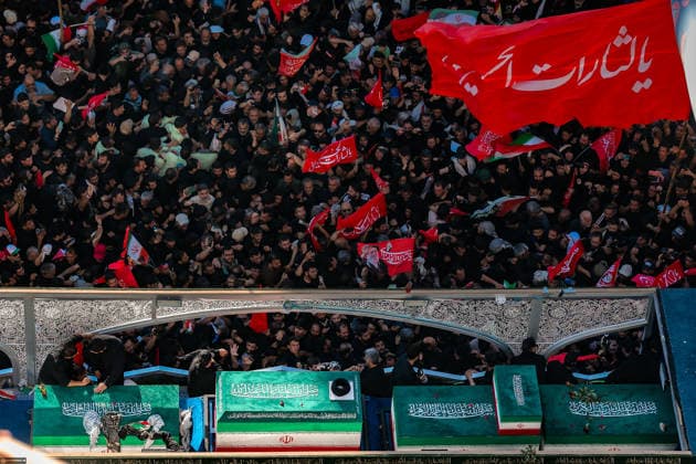 July 9, 2026, Mashhad, Razavi Khorasan, Iran: Crowds of mourners surround the convoy carrying the coffins of Iran s slain supreme leader Ali Khamenei and members of his family during a funeral procession, before he is buried at the Shrine of Imam Reza, Iran s most revered place of worship, in Mashhad on July 9, 2026. Braving sweltering heat and calling for revenge, Iranians loyal to the Islamic Republic massed on July 9 for the burial of slain supreme leader Ali Khamenei in his hometown of Mashhad. Khamenei will be buried in his hometown of Mashhad, home to the shrine of Imam Reza, Iran s holiest Shia Muslim site, following several days of ceremonies and processions across the country. Mashhad Iran - ZUMAi98_ 20260709_zih_i98_014 Copyright: xIranianxSupremexLeader SxOfficex