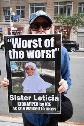 July 9, 2026, New York, New York, USA: A protester holds a sign that reads Worst of the worst Sister Leticia KIDNAPPED by ICE as she walked to mass with her picture at Rise and Resist s weekly vigil for those impacted by President Trump s immigrant detention and mass deportation policies, held outside the immigration courts, Department of Homeland Security and ICE offices at 26 Federal Plaza in Lower Manhattan. The demonstration takes place days after the death of L. Salgado Araujo who was shot and killed by U.S. Immigration and Customs Enforcement (ICE) in Houston during a targeted enforcement operation. New York USA  - ZUMAr174 20260709_znp_r174_003 Copyright: xGinaxMxRandazzox