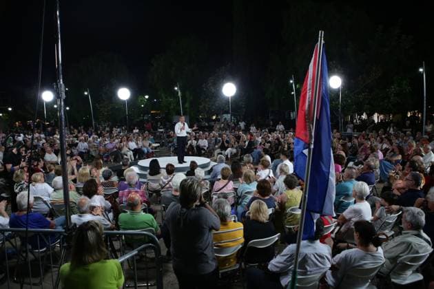 Alexis Tsipras Attends ELAS Public Gathering in Peristeri PERISTERI, GREECE JULY 9, 2026: Former Greek Prime Minister Alexis Tsipras attends a public gathering organized by his newly formed political party, ELAS (Greek Left Coalition), in Peristeri, Greece, July 9, 2026. The event was part of a series titled Now We Talk, which citizens were invited to share the everyday challenges and concerns affecting their lives. Athens Greece Copyright: x xHarrisxXanthopoulosx xJNAxPressx
