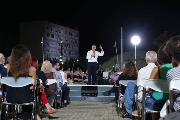 Alexis Tsipras Attends ELAS Public Gathering in Peristeri PERISTERI, GREECE JULY 9, 2026: Former Greek Prime Minister Alexis Tsipras attends a public gathering organized by his newly formed political party, ELAS (Greek Left Coalition), in Peristeri, Greece, July 9, 2026. The event was part of a series titled Now We Talk, which citizens were invited to share the everyday challenges and concerns affecting their lives. Athens Greece Copyright: x xHarrisxXanthopoulosx xJNAxPressx