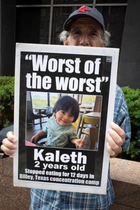 July 9, 2026, New York, New York, USA: A protester holds a sign that reads Worst of the worst Kaleth 2 years old Stopped eating for 12 days in Dilley, Texas concentration camp with his picture at Rise and Resist s weekly vigil for those impacted by President Trump s immigrant detention and mass deportation policies, held outside the immigration courts, Department of Homeland Security and ICE offices at 26 Federal Plaza in Lower Manhattan. The demonstration takes place days after the death of L. Salgado Araujo who was shot and killed by U.S. Immigration and Customs Enforcement (ICE) in Houston during a targeted enforcement operation. New York USA  - ZUMAr174 20260709_znp_r174_022 Copyright: xGinaxMxRandazzox