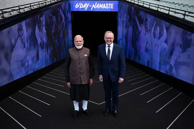NARENDRA MODI AUSTRALIA VISIT, Indian Prime Minister Narendra Modi (left) and Australian Prime Minister Anthony Albanese arrive during a visit to the Melbourne Cricket Ground in Melbourne, Friday, July 10, 2026. ( NO ARCHIVING MELBOURNE VICTORIA AUSTRALIA  Copyright: xJOELxCARRETTx 20260710177590639286