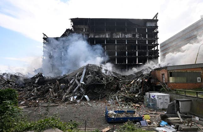 The situation following a fire at Building No. 34, an 11-story structure in the former Bata factory complex, on July 10, 2026, in Zlin, Czech Republic. A high-rise building in a former Bata shoe factory complex has been on fire on July 9, nobody was injured, but the property damage will be significant, as the building housed both warehouses and offices. (CTKxPhoto DaliborxGluck) CTKPhotoP2026071002399  CTKPhotoP2026071002399