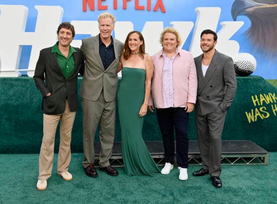Cast members (L-R) Luke Wilson, Will Ferrell, Molly Shannon, Fortune Feimster and Jimmy Tatro attend the premiere of the Netflix sport comedy TV series The Hawk at the Directors Village in the Westwood section of Los Angeles on Thursday, July 9, 2026. Storyline Follows Lonnie Hawkins, 2004 s top golfer, as he struggles to recapture his magic late in his career, refusing to believe he s anything other than one stroke away from golf s greatest comeback.  LAP2026070931 JIMxRUYMEN