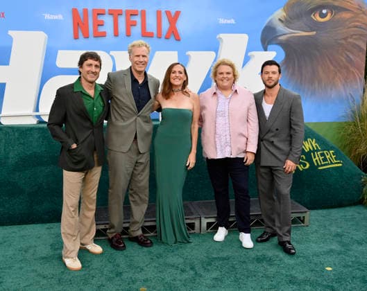 Cast members (L-R) Luke Wilson, Will Ferrell, Molly Shannon, Fortune Feimster and Jimmy Tatro attend the premiere of the Netflix sport comedy TV series The Hawk at the Directors Village in the Westwood section of Los Angeles on Thursday, July 9, 2026. Storyline Follows Lonnie Hawkins, 2004 s top golfer, as he struggles to recapture his magic late in his career, refusing to believe he s anything other than one stroke away from golf s greatest comeback.  LAP2026070929 JIMxRUYMEN
