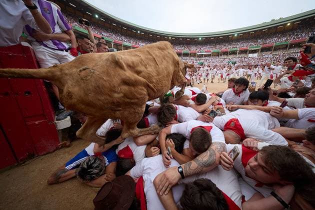News Bilder des Tages Participants await vaquillas event after fourth San Fermin bull run PAMPLONA, SPAIN JULY 10, 2026: Participants wait by the bullpens gate for the release of a heifer during the vaquillas event following the fourth running of the bulls of the San Fermin festival in Pamplona, northern Spain, on July 10, 2026. Pamplona Spain Copyright: x xUnaixBeroizx xJNAxPressx
