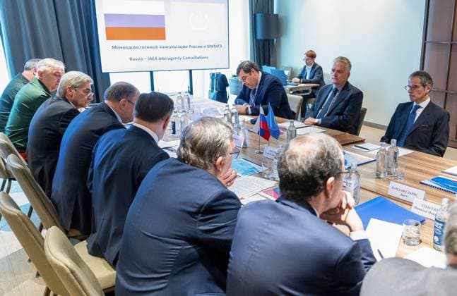 Russia IAEA 9203294 10.07.2026 International Atomic Energy Agency (IAEA) Director General Rafael Grossi, right, attends a meeting with Rosatom State Atomic Energy Corporation Director General Alexey Likhachev in Kaliningrad, Russia. Sputnik Image is a handout provided by a third party. Editorial use only. No archiving, commercial use, or advertising campaign. Kaliningrad Russia  Copyright: xx