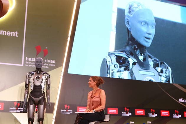 July 10, 2026, Athens, Greece: AMECA robot speaks with one philosopher and one preast at 30th Annual Government Roundtable Economist conference. Ameca is the worldÃ¢â‚¬â ¢s leading social humanoid robot, created by UK robotics company Engineered Arts. First unveiled in 2021, Ameca was designed for advanced, natural and engaging human-robot interaction, combining artificial intelligence, expressive and realistic facial movements, and lifelike gestures. Athens Greece - ZUMAv62_ 20260710_zaf_v62_007 Copyright: xAristidisxVafeiadakisx