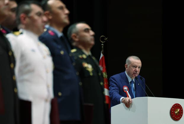 Turkish President Recep Tayyip Erdogan ISTANBUL, TURKIYE - JULY 10: (----EDITORIAL USE ONLY - MANDATORY CREDIT - TURKISH PRESIDENCY MUSTAFA KAMACI HANDOUT - NO MARKETING NO ADVERTISING CAMPAIGNS - DISTRIBUTED AS A SERVICE TO CLIENTS----) Turkish President Recep Tayyip Erdogan delivers a speech during the National Defense University Staff Officers’ Graduation Ceremony at the National Defense University in Istanbul, Turkiye, on July 10, 2026. TUR Presidency Mustafa Kamaci Handout Anadolu Istanbul Turkey. Editorial use only. Please get in touch for any other usage.  Copyright: x2026xAnadoluxTURxPresidencyx xMustafaxKamacix xHandoutx