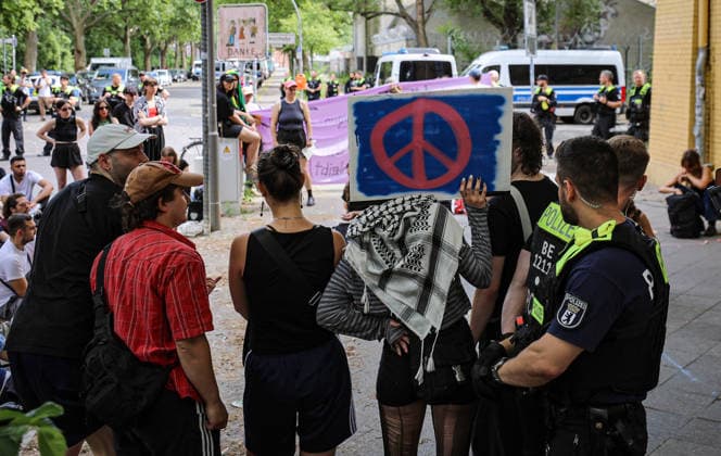 July 10, 2026, Berlin, Berlin, Germany: BERLIN, GERMANY - JULY 10, 2026: Pro-Palestinian and anti-war activists demonstrate outside a Rheinmetall facility in BerlinÃ¢â‚¬â ¢s Wedding district, protesting the German arms manufacturerÃ¢â‚¬â ¢s weapons production, arms exports and military support for Israel. Berlin Germany  - ZUMAa268 20260710_zip_a268_002 Copyright: xAbdelrahmanxAlkahloutx