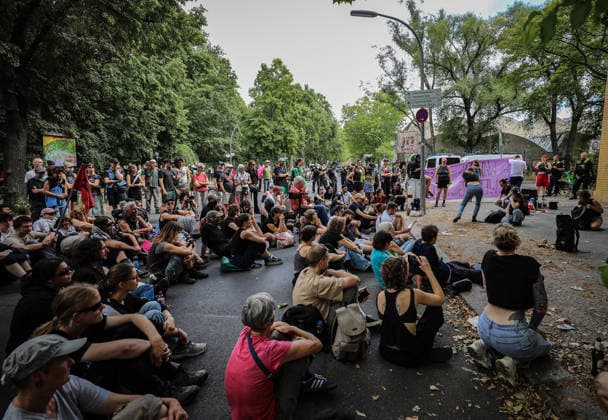 July 10, 2026, Berlin, Berlin, Germany: BERLIN, GERMANY - JULY 10, 2026: Pro-Palestinian and anti-war activists demonstrate outside a Rheinmetall facility in BerlinÃ¢â‚¬â ¢s Wedding district, protesting the German arms manufacturerÃ¢â‚¬â ¢s weapons production, arms exports and military support for Israel. Berlin Germany  - ZUMAa268 20260710_zip_a268_003 Copyright: xAbdelrahmanxAlkahloutx