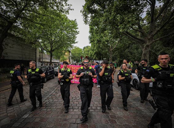 July 10, 2026, Berlin, Berlin, Germany: BERLIN, GERMANY - JULY 10, 2026: Pro-Palestinian and anti-war activists demonstrate outside a Rheinmetall facility in BerlinÃ¢â‚¬â ¢s Wedding district, protesting the German arms manufacturerÃ¢â‚¬â ¢s weapons production, arms exports and military support for Israel. Berlin Germany  - ZUMAa268 20260710_zip_a268_005 Copyright: xAbdelrahmanxAlkahloutx