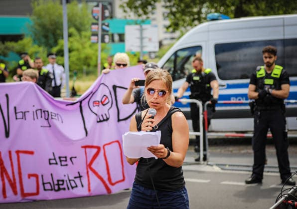 July 10, 2026, Berlin, Berlin, Germany: BERLIN, GERMANY - JULY 10, 2026: Pro-Palestinian and anti-war activists demonstrate outside a Rheinmetall facility in BerlinÃ¢â‚¬â ¢s Wedding district, protesting the German arms manufacturerÃ¢â‚¬â ¢s weapons production, arms exports and military support for Israel. Berlin Germany  - ZUMAa268 20260710_zip_a268_009 Copyright: xAbdelrahmanxAlkahloutx