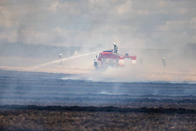 Meteorologists have issued a warning in the South Moravian Region about an increased risk of fires; firefighters are extinguishing several fires in fields or forests every day. A field fire near Hustopece in the Breclav district (pictured on July 10, 2026) was one of the smaller ones; of the four levels of fire alert, only the first level was declared. (CTKxPhoto RichardxSkoumal) CTKPhotoP2026071006382  CTKPhotoP2026071006382