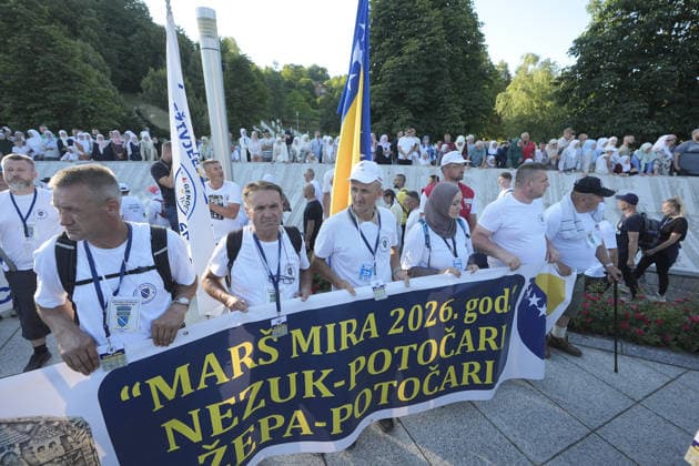 Peace March participants arrive in Potocari to honor Srebrenica genocide victims SREBRENICA, BOSNIA AND HERZEGOVINA - JULY 10: More than 6,300 participants in the Peace March arrive at the Srebrenica Memorial Center in Potocari after a three-day, 100-kilometer hike to attend the commemoration marking the 31st anniversary of the 1995 Srebrenica genocide in Srebrenica, Bosnia and Herzegovina, on July 10, 2026. Participants retraced the route taken by Bosniaks fleeing Srebrenica in July 1995 in an attempt to reach the free territories of Tuzla or Kladanj. The march brought together young people and participants from around the world to honor the victims of the genocide and reaffirm the commitment that such atrocities should never happen again.  Copyright: x2026xAnadoluxSamirxJordamovicx