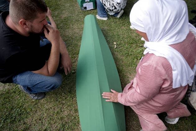 Coffins brought to Musalla in Potocari: The last farewell to the victims of the genocide in Srebrenica SREBRENICA, BOSNIA AND HERZEGOVINA - JULY 10: Family members of the victims and Peace March participants carry coffins containing the remains of ten Srebrenica genocide victims from the former Battery Factory to the Musalla area at the Potocari Memorial Center Cemetery in Srebrenica, Bosnia and Herzegovina, on July 10, 2026. Relatives and participants gathered with prayers and tears ahead of tomorrow s collective funeral and burial on the 31st anniversary of the 1995 genocide. Samir Jordamovic Anadolu Srebrenica Bosnia and Herzegovina. Editorial use only. Please get in touch for any other usage.  Copyright: x2026xAnadoluxSamirxJordamovicx