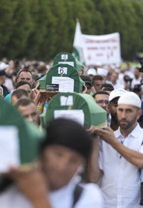 Coffins brought to Musalla in Potocari: The last farewell to the victims of the genocide in Srebrenica SREBRENICA, BOSNIA AND HERZEGOVINA - JULY 10: Family members of the victims and Peace March participants carry coffins containing the remains of ten Srebrenica genocide victims from the former Battery Factory to the Musalla area at the Potocari Memorial Center Cemetery in Srebrenica, Bosnia and Herzegovina, on July 10, 2026. Relatives and participants gathered with prayers and tears ahead of tomorrow s collective funeral and burial on the 31st anniversary of the 1995 genocide. Samir Jordamovic Anadolu Srebrenica Bosnia and Herzegovina. Editorial use only. Please get in touch for any other usage.  Copyright: x2026xAnadoluxSamirxJordamovicx