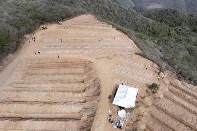 Emergency cemetery opens in Venezuela after deadly earthquakes LA GUAIRA, VENEZUELA - JULY 10: An aerial view of the mass grave at the La Esperanza Cemetery located along the highway connecting Catia La Mar and Carayaca, as it was opened under emergency measures following the June 24 earthquakes to bury the bodies of hundreds of people whose relatives could not be reached, in La Guaira, Venezuela on July 10, 2026. Alongside identified victims, hundreds of unidentified bodies were also laid to rest at the cemetery. Cem Tekkesinoglu Anadolu La Guaira Venezuela. Editorial use only. Please get in touch for any other usage.  Copyright: x2026xAnadoluxCemxTekkesinoglux