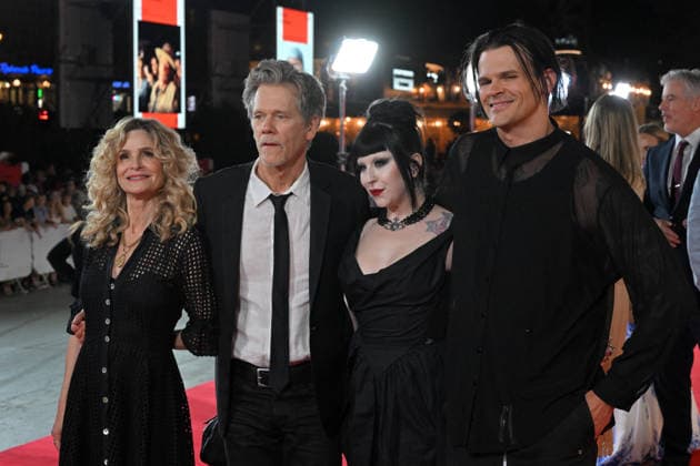 The 60th Karlovy Vary International Film Festival continued on July 10, 2026, in Karlovy Vary, Czech Republic. American actor and director Kevin Bacon (2nd from left), his wife, actress Kyra Sedgwick, and son, musician and actor Travis (right) and his girlfriend Angelina Sambrotto, presented the film Family Movie in the Great Hall of the Thermal Hotel. (CTKxPhoto SlavomirxKubes) CTKPhotoP2026071008670  CTKPhotoP2026071008670