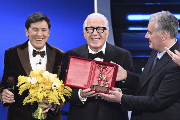 February 10, 2023, Sanremo, Rome, Italy: February 10, 2023, Sanremo. 73rd Italian Song Festival, fourth night. Pictured: Peppino Di Capri, Mayor of Sanremo, and Alberto Biancheri. Sanremo Italy  - ZUMAa289 20230210_zia_a289_002 Copyright: xMariaxLauraxAntonellix