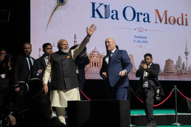 NARENDRA MODI NEW ZEALAND VISIT, Indian Prime Minister Narendra Modi (left) and New Zealand Prime Minister Christopher Luxon onstage during the Kia Ora Modi community reception at Spark Arena in Auckland, New Zealand, Saturday, July 11, 2026. ( NO ARCHIVING Auckland Auckland New Zealand  Copyright: xChrisxMcKeenx 20260711117898225146