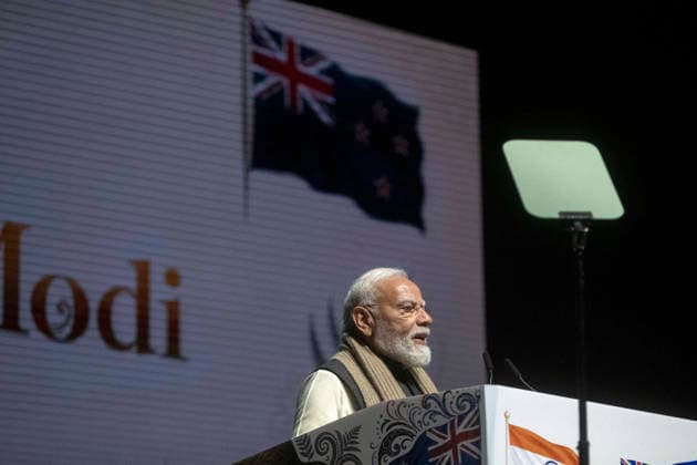 NARENDRA MODI NEW ZEALAND VISIT, Indian Prime Minister Narendra Modi onstage during the Kia Ora Modi community reception at Spark Arena in Auckland, New Zealand, Saturday, July 11, 2026. ( NO ARCHIVING Auckland Auckland New Zealand  Copyright: xChrisxMcKeenx 20260711133660855942