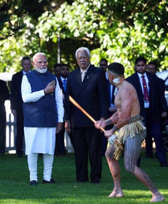 RECORD DATE NOT STATED PM Modi Receives Ceremonial Traditional MÄori Powhiri Welcome at Government House in Auckland Auckland New Zealand , Jul 11 (ANI): Prime Minister Narendra Modi receives a ceremonial traditional MÄori powhiri welcome at the Government House, in Auckland on Saturday. (Narendra Modi Photo Gallery ANI Photo) Auckland New Zealand Copyright: xANIx ANI_20260711036