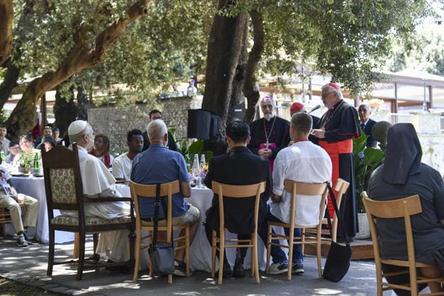 Pope Leo XIV joins lunch with people in need near Rome CASTEL GANDOLFO, ITALY, JULY 11: (----EDITORIAL USE ONLY - MANDATORY CREDIT - ISABELLA BONOTTO POOL HANDOUT - NO MARKETING NO ADVERTISING CAMPAIGNS - DISTRIBUTED AS A SERVICE TO CLIENTS----) Pope Leo XIV attends lunch with 200 people in need at Borgo Laudato Si , a circular economy and environmental sustainability project village, in Castel Gandolfo, near Rome, Italy, on July 11, 2026. Isabella Bonotto Pool Anadolu Rome Italy. Editorial use only. Please get in touch for any other usage.  Copyright: x2026xAnadoluxIsabellaxBonottox xPoolx