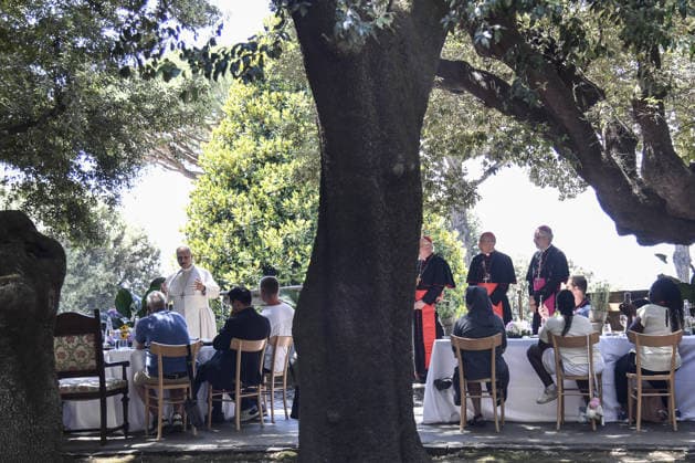 Pope Leo XIV joins lunch with people in need near Rome CASTEL GANDOLFO, ITALY, JULY 11: (----EDITORIAL USE ONLY - MANDATORY CREDIT - ISABELLA BONOTTO POOL HANDOUT - NO MARKETING NO ADVERTISING CAMPAIGNS - DISTRIBUTED AS A SERVICE TO CLIENTS----) Pope Leo XIV attends lunch with 200 people in need at Borgo Laudato Si , a circular economy and environmental sustainability project village, in Castel Gandolfo, near Rome, Italy, on July 11, 2026. Isabella Bonotto Pool Anadolu Rome Italy. Editorial use only. Please get in touch for any other usage.  Copyright: x2026xAnadoluxIsabellaxBonottox xPoolx