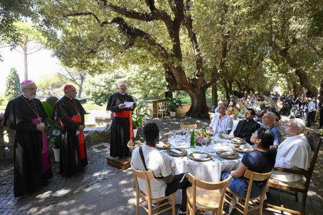 Pope Leo XIV At Lunch With Poor People In Castel Gandolfo - Italy Pope Leo XIV attends the special ‘Lunch with the Pope’ in ‘Borgo Laudato si’ in the Pontifical Gardens of Castel Gandolfo, near Rome, Italy, with some 200 poor and socially vulnerable people on July 11, 2026. The event brought together 200 people, including nearly 40 children, living in vulnerable circumstances and accompanied by the Diocese of Rome and affiliated charitable organizations. The guests are spending the day immersed in the beauty and spirituality of the Borgo Laudato si initiative. Located on a 55-hectare area of the gardens and farms of Castel Gandolfo, the Borgo Laudato si’, strongly desired by Pope Francis, offers a richly biodiverse environment (with more t  Copyright: xABACAx