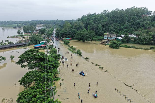 July 11, 2026, Satkania, Chattogram, Bangladesh: July 11, 2026, Satkania, Chattogram, Bangladesh: Aerial views show widespread flooding after the Sangu River overflowed, submerging roads, homes and cropland. Floods and landslides have killed at least 39 people and affected more than 928,000 across five districts in Chattogram Division, with thousands stranded. Satkania Bangladesh - ZUMAh178 20260711_zip_h178_087 Copyright: xMuhammadxAmdadxHossainx
