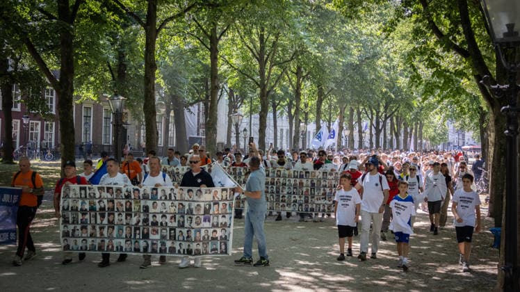 Srebrenica genocide victims commemorated on 31st anniversary in The Hague THE HAGUE, NETHERLANDS - JULY 11: Hundreds of people gather for an 11-kilometer symbolic Peace March held in memory of the 1995 Srebrenica genocide victims on its 31st anniversary, in The Hague, Netherlands, on July 11, 2026. Participants rest outside the former International Criminal Tribunal for the former Yugoslavia (ICTY) building during a commemoration event. Abdullah Asiran Anadolu The Hague Netherlands. Editorial use only. Please get in touch for any other usage.  Copyright: x2026xAnadoluxAbdullahxAsiranx