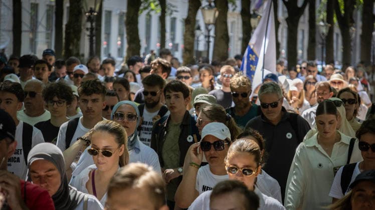 Srebrenica genocide victims commemorated on 31st anniversary in The Hague THE HAGUE, NETHERLANDS - JULY 11: Hundreds of people gather for an 11-kilometer symbolic Peace March held in memory of the 1995 Srebrenica genocide victims on its 31st anniversary, in The Hague, Netherlands, on July 11, 2026. Participants rest outside the former International Criminal Tribunal for the former Yugoslavia (ICTY) building during a commemoration event. Abdullah Asiran Anadolu The Hague Netherlands. Editorial use only. Please get in touch for any other usage.  Copyright: x2026xAnadoluxAbdullahxAsiranx