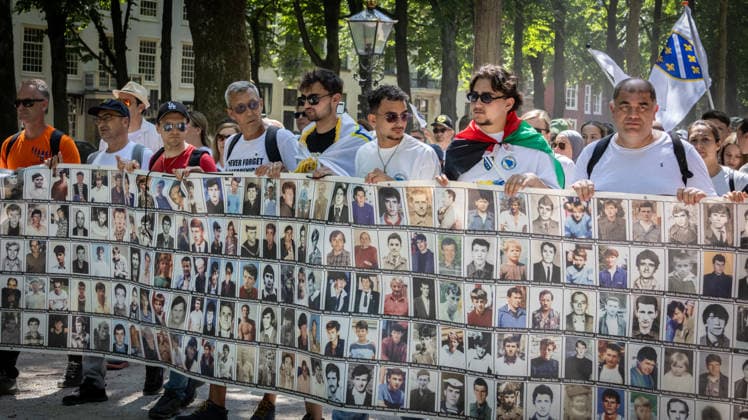Srebrenica genocide victims commemorated on 31st anniversary in The Hague THE HAGUE, NETHERLANDS - JULY 11: Hundreds of people gather for an 11-kilometer symbolic Peace March held in memory of the 1995 Srebrenica genocide victims on its 31st anniversary, in The Hague, Netherlands, on July 11, 2026. Participants rest outside the former International Criminal Tribunal for the former Yugoslavia (ICTY) building during a commemoration event. Abdullah Asiran Anadolu The Hague Netherlands. Editorial use only. Please get in touch for any other usage.  Copyright: x2026xAnadoluxAbdullahxAsiranx