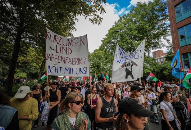 July 11, 2026, Berlin, Berlin, Germany: Demonstrators march and chant during an anti-war protest against Rheinmetall and the arms industry in Berlin, Germany, on July 11, 2026. The demonstration called for an end to weapons production and military expansion, with participants carrying banners and Palestinian flags while demanding greater investment in social services instead of armaments. Berlin Germany - ZUMAa268 20260711_zip_a268_006 Copyright: xAbdelrahmanxAlkahloutx