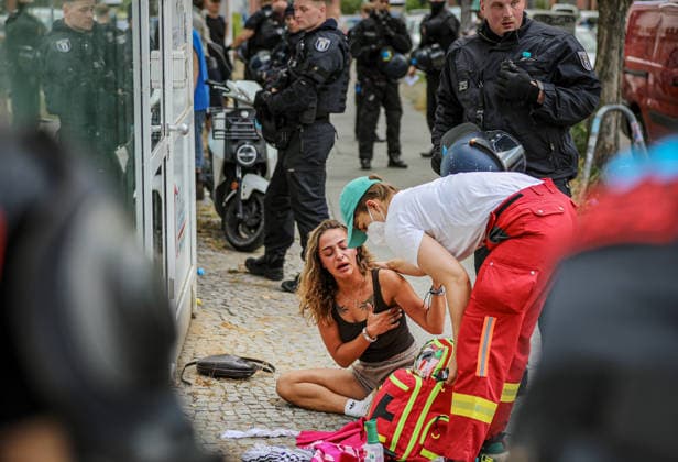 July 11, 2026, Berlin, Berlin, Germany: Berlin police detain several demonstrators during an anti-war protest against Rheinmetall and the German arms industry in Berlin, Germany, on July 11, 2026. Officers moved in to arrest multiple protesters after the demonstration, with several participants being physically restrained during the police operation. Berlin Germany - ZUMAa268 20260711_zip_a268_025 Copyright: xAbdelrahmanxAlkahloutx