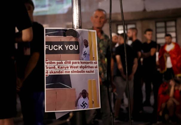 July 11, 2026, Tirane, Albania, ALB: A poster of the U.S. rapper Kanye West, also known as Ye, is seen during a protest in front of the PM office in Tirana on July 11, 2026, The controversial decision of Albanian Prime Minister Edi Rama to allocate 4 million euros of emergency budget funds to purchase unsold tickets Ã’to save Albanias faceO has been contested and ridiculed as out of touch by protestors who have been demanding his resignation for over a month. Tirane ALB  - ZUMAs337 20260711_znp_s337_025 Copyright: xGentxShkullakux