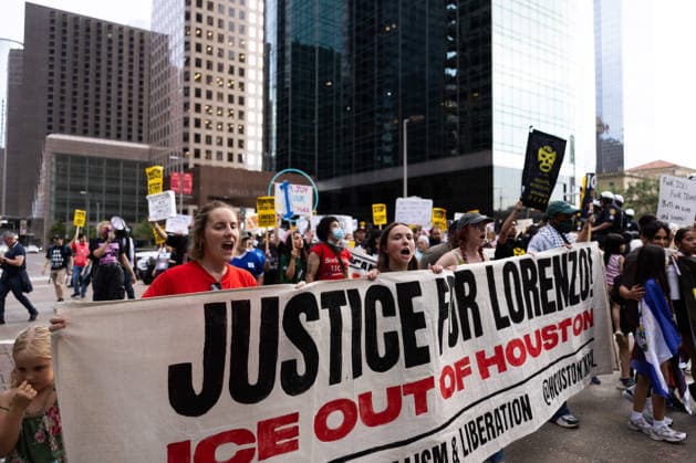 July 11, 2026, Houston, Texas, USA: Protesters march in Downtown Houston to protest against U.S. Immigration and Customs Enforcement (ICE) after Lorenzo Salgado Araujo was fatally shot by an ICE agent during an attempted immigration enforcement operation, an incident that has prompted calls from community leaders and elected officials for an independent investigation, Saturday, July 11, in Houston, Texas. Houston USA  - ZUMAg287 20260711_zsp_g287_114 Copyright: xMatthewxGuzmanx