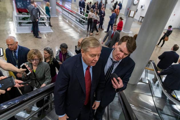 Senate Votes to confirm William Barr Senator Lindsey Graham, Republican of South Carolina, talks with reporters in the Senate Subway prior to Senate vote on the confirmation of William Barr to be United States Attorney General on Capitol Hill in Washington, DC on February 14, 2019. Photo by Alex Edelman CNP ABACAPRESS.COM Washington District of Columbia United States  Copyright: xCNP ABACAx