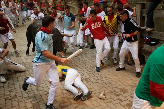 Sixth Running of the Bulls San Fermín 2026 in Pamplona - 12 Jul 2026 Runners run ahead of the bulls from La Palmosilla (Cádiz) during the running of the bulls at the San Fermín festival. Pamplona Spain Copyright: xElsaxAxBravox xSOPAxImagesx Sixth Running of the Bulls San Fermin 2026_EAB_8309 (6)