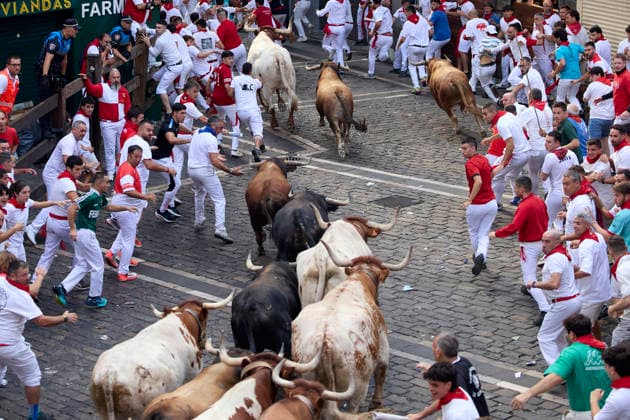 Running of the bulls the san Fermin festival in Pamplona - 12 Jul 2026 Several runners run in front of the bulls through the streets of Pamplona during the running of the bulls at the San Fermín 2026 festivities, the bulls are from the La Palmosillal ranch, in Pamplona. Pamplona Spain Copyright: xFernandoxPidalx xSOPAxImagesx encierro67324
