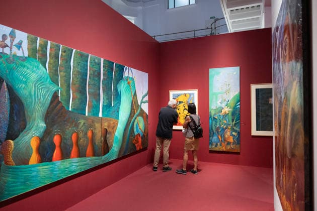 Modern Mythologies Exhibition by Ouka Leele Co at Sala Alcalá 31 Visitors to Ouka Leele’s exhibition at Sala Alcalá 31, on July 12, 2026, in Madrid, Spain. The Sala Alcalá 31 is hosting an exhibition that revisits the role of mythology in Madrid’s art scene of the 1980s through the work of Ouka Leele, alongside key artists such as El Hortelano, Ceesepe, Carlos Franco, and Sigfrido Martin Begué. July 12, 2026. Jesús Hellí. Spain  Copyright: xJesusxHellinx 7660574