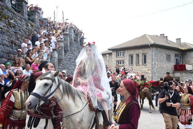 Traditional Galichnik Wedding in North Macedonia MAVROVO AND ROSTUSA, NORTH MACEDONIA - JULY 12: Bride is seen on a horse during centuries-old Galichnik Wedding, one of the Balkans most distinctive traditional wedding ceremonies, held in the historic mountain village of Galichnik, about 110 kilometers west of Skopje, in Mavrovo and Rostusa, North Macedonia, on July 12, 2026. The annual event, regarded as one of the country s most important cultural heritage traditions, attracts visitors from across North Macedonia and abroad. Medin Nuredini Anadolu Mavrovo and Rostusa North Macedonia. Editorial use only. Please get in touch for any other usage.  Copyright: x2026xAnadoluxMedinxNuredinix