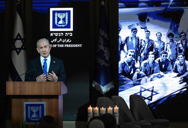 Israeli Prime Minister Benjamin Netanyahu speaks at a ceremony marking 50 years since Operation Entebbe, Operation Yonathan, at the president s residence in Jerusalem on Sunday, July 12, 2026. Netanyahu s oldest brother Yonathan was killed in the legendary 1976 Israeli counter-terrorist hostage rescue mission in Uganda.  JER2026071203 DEBBIExHILL