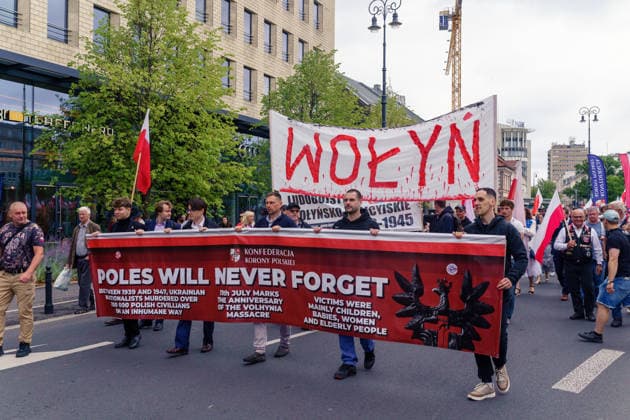 The Vohynian march organized by the Confederation of the Polish Crown. Banners at the head of the march: Poles will never forget and Volhynia. Warsaw Poland Copyright: xMikolajxJaneczekx